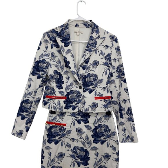 Eva Mendes Floral Blazer SZ 6 & Pencil Skirt SZ 0 Suit Set Off White/Blue/ Lined - Picture 11 of 16